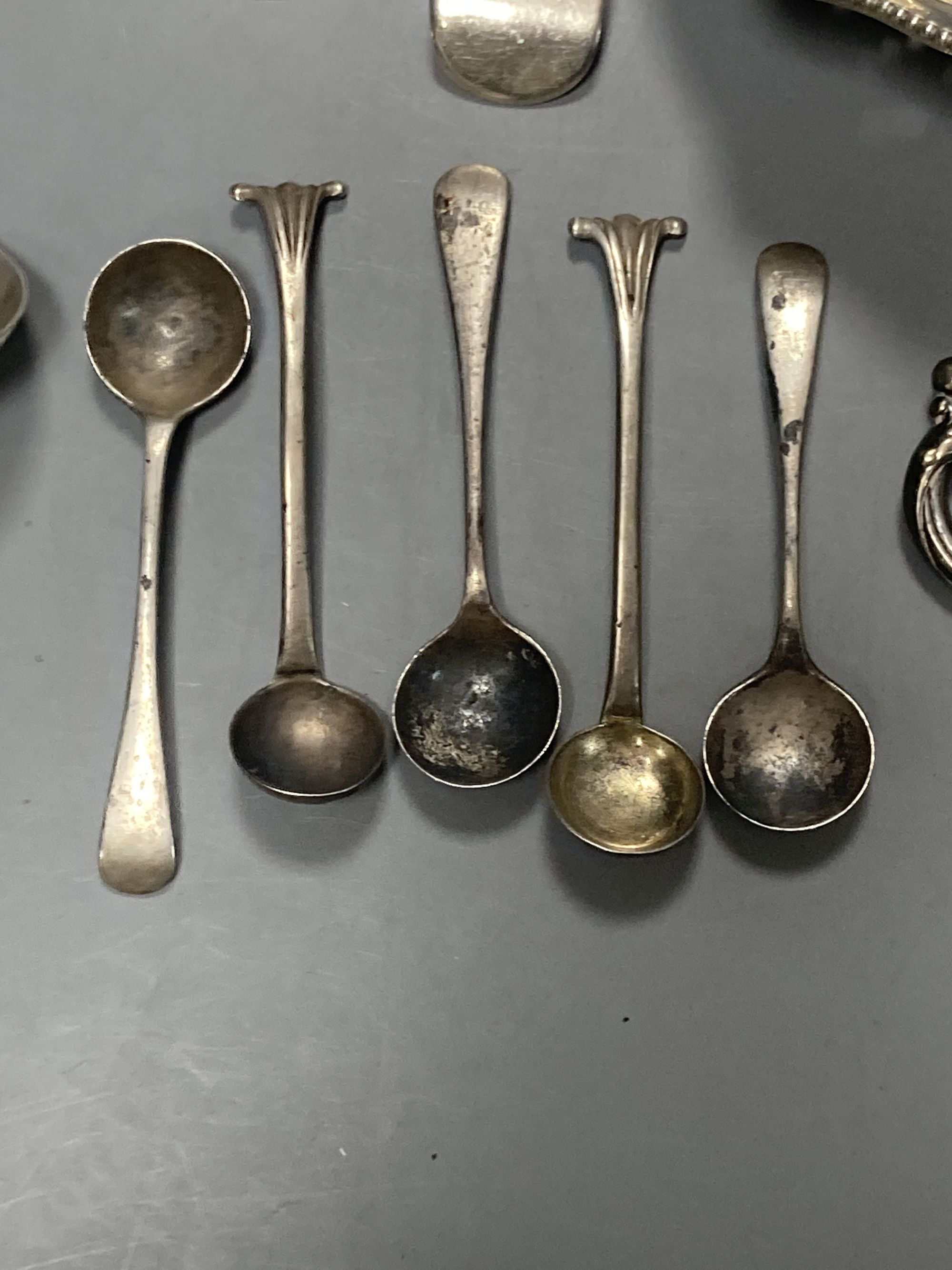 A cased set of six 1950s silver teaspoons, one other incomplete silver set and other flatware.